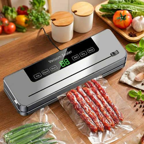 Vacuum sealer on a kitchen counter with food packaging