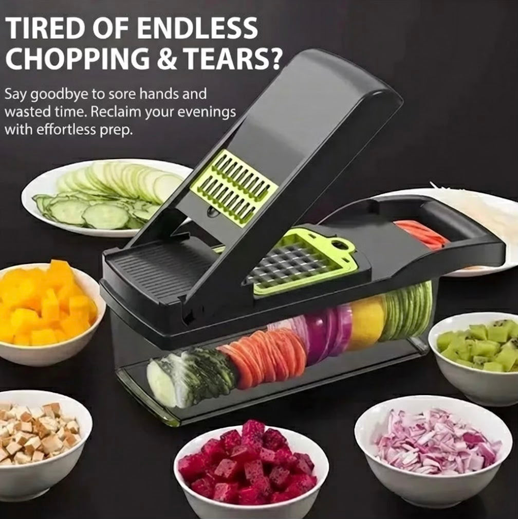 Multifunctional vegetable chopper with sliced vegetables on a dark background